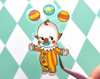 Kewpie Clown Clear Vinyl Sticker | Kitschy Clowncore Waterproof Decal for Phone, Water Bottle, Laptop