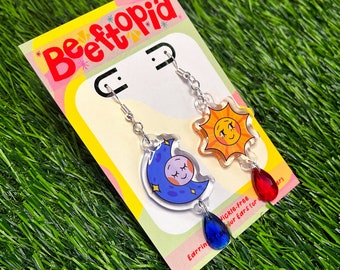 Sun and Moon Acrylic Earrings | Colorful Cartoon Nickel Free Jewelry