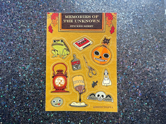 Memories of the Unknown Autumn Sticker Sheet | Waterproof Nostalgic Halloween Stickers, Decals for Water Bottle, Laptop, Phone