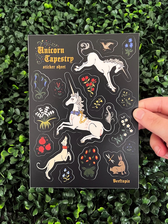 Unicorn Tapestry Sticker Sheet | Medieval Art History Waterproof Dishwasher Safe Vinyl Stickers
