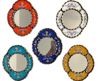 Accent Decorative Peruvian Mirror - 9" -  Blue, brown, turquoise, red,white - Home Decor Wall Art - Colonial style