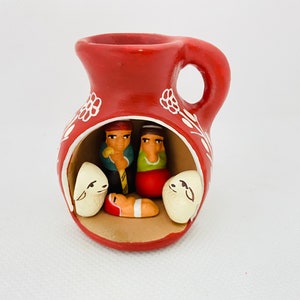 Handmade Nativity Scene in vase, 1 block 2x2" , Christmas decor ornaments, Peruvian