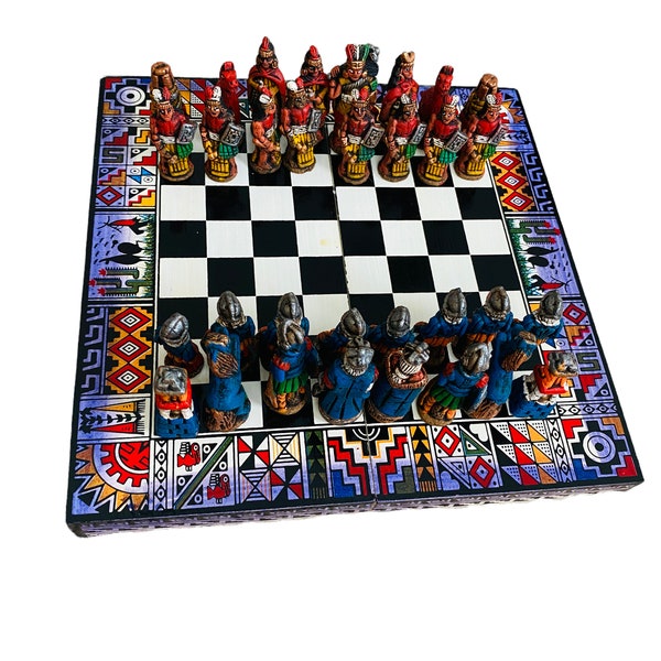 Jeu d'échecs péruvien fait à la main 20x20cm : Inca contre. Conquérants espagnols