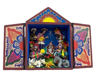 Retablo with Nativity Scene 8"tall, Holy family, Christmas Decor, made in Peru, folk art