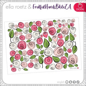May include: Digital floral design featuring a pattern of pink, white, and red roses with green leaves. The design includes the text "ella roetz & FruitfulHandsBibleZA" and the word "DIGITAL".