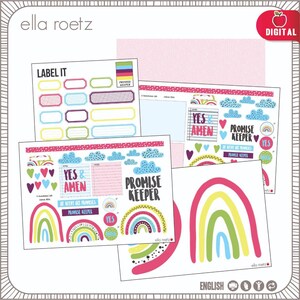 Könnte beinhalten: Digitale Stickerbögen mit den Texten "Label It", "Yes & Amen" und "Promise Keeper". Die Bögen zeigen Regenbogen, Herzen, Wolken und Etiketten in verschiedenen Farben. Das Wort "Digital" befindet sich oben rechts.
