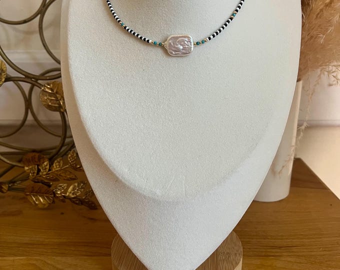 Beaded black and white with pearl choker