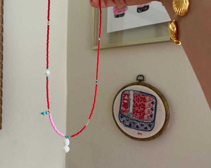 red beaded layering necklace