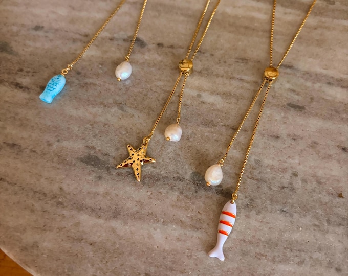 Bolo tie fish/star and pearl necklace