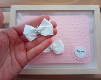 White mini bow for babies Christening, tiny white mini bow, small hair bow for wedding, clip for girls first communion, flower girl bow