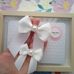 Bridal white bows with pearls, Christening hair clip, Baptism white bow, mum and daughter matching white hair clips, white headband