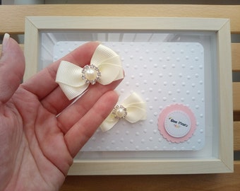 Christening ivory mini bow clip for babies, Baptism tiny ivory bow for baby girls, hair clip for weddings flower girl