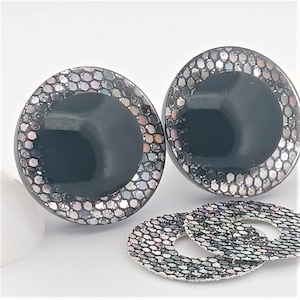 Clear Round Safety Eyes with a Silver Glitter Non-Woven Slip Iris, Black Pupil and Washers (9-25mm) 1 Pair - Dolls, Amigurumi, Animals, Toys