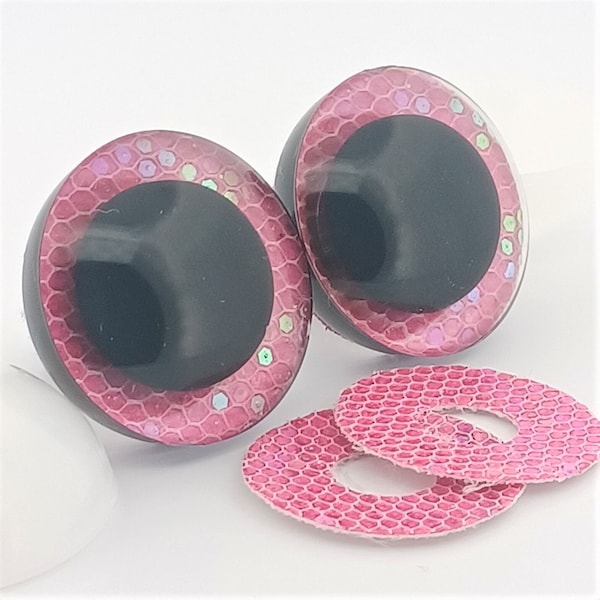 Clear Round Safety Eyes with a Hot Pink Glitter Non-Woven Slip Iris, Black Pupil and Washers (9-25mm) 1 Pair - Doll, Amigurumi, Animals, Toy