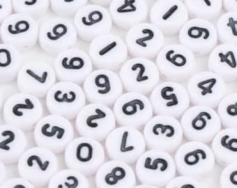 Number Beads, 7mm White Round Acrylic Beads with Black Letters, Digital Beads, Numbers 0 to 9 Beads, Love Beads
