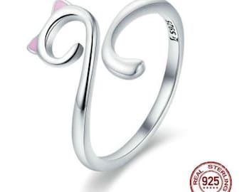 925 Sterling Silver Adjustable Kitty Cat Ears Crochet, Yarn Guide, Knuckle Assistant, Knitting Tool Ring