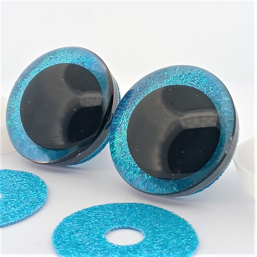 Clear Safety Eyes With Blue Frost Glitter Slip & Black Iris With