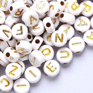 Alphabet Letter Beads, 7mm White Gold Round Acrylic Beads with Letters , ABC Name Beads, A-Z Letter Beads, Love Beads