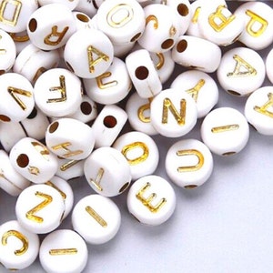 Alphabet Letter Beads, 7mm White Gold Round Acrylic Beads With Letters ,  ABC Name Beads, A-Z Letter Beads, Love Beads 