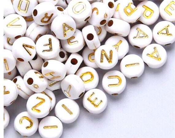 CLEARANCE 500 Alphabet Letter Beads, 7mm White Gold Round Acrylic Beads  with Letters , ABC Name Beads, A-Z Letter Beads, Love Beads