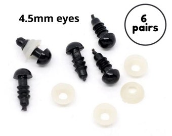 4.5mm BLACK safety eyes (6 pairs) plastic, amigurumi, animal, plastic, tiny small craft safety eyes