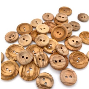 Olive Wood Buttons - 15mm, 18mm, 20mm, 23mm, 25mm  & 28mm (5pk) Natural Finish Two Hole Round Button, Made in Italy, Highest Quality
