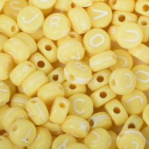 Alphabet Letter Beads, 7mm Yellow Round Acrylic Beads with White Letters, ABC Name Beads, A-Z Letter Beads, Love Beads