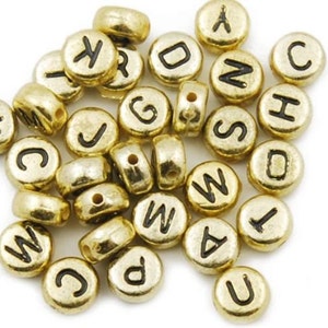 Alphabet Letter Beads, 7mm Gold Metallic Round Acrylic Beads with Black Lettering, ABC Name Beads, A-Z Letter Beads, Rosegold Love Beads