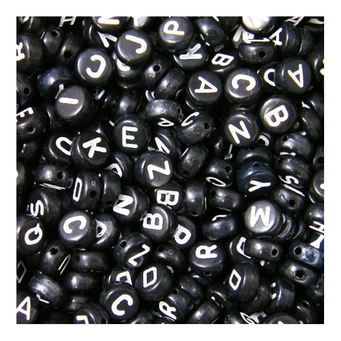 Assorted Letter Beads, 10mm Round, Black with White Letters (500 Pieces)