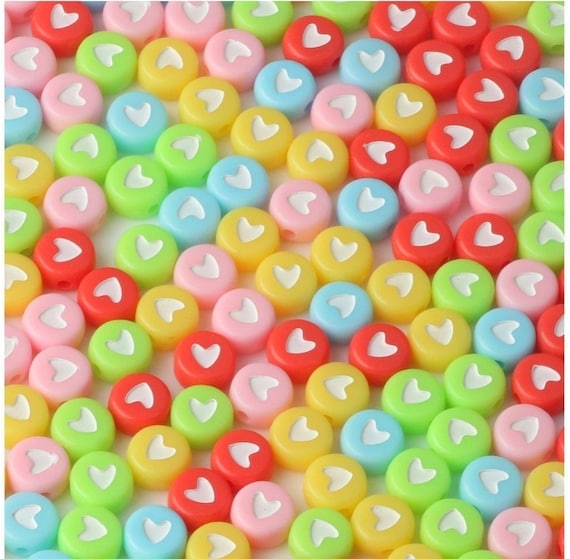 7mm Acrylic Round Rainbow Mixed Color Beads with White Heart Beads, Spacer Beads