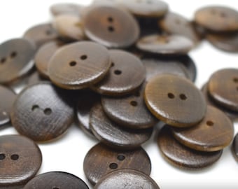 Wood Sewing Buttons - Solid Beech Wood - Made in Italy - Flat 2 Hole Buttons in Dark Walnut Stain, 20mm (5pk)