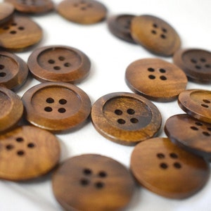Wooden Buttons - Natural Solid Olive Wood - Highest Quality Made in Italy - Classic 4 Hole Buttons in Dark Walnut Stain, 15mm (6pk)