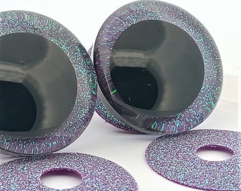 Clear Safety Eyes with Dark Purple Frost Glitter Slip & Black Iris with Washers - 9 sizes (12mm-40mm) Amigurumi, doll, toy, animal, crochet