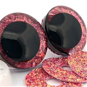 Clear Safety Eyes with Dark Pink Glitter Slip & Black Iris with Washers - 8 sizes (14mm-40mm) Amigurumi, doll, toy, animal, crochet, plush