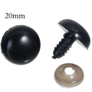 May include: Black plastic safety eyes for crafts, measuring 20mm in diameter. The image shows a complete eye, a cross-section, and a tan washer. These eyes are commonly used in stuffed toys and other handmade projects.