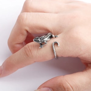 May include: A silver-coloured ring with a detailed frog design. The frog wraps around the finger, with its body and head on top and the tail forming the adjustable band. The ring is worn on a finger.