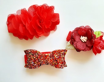 Red bow Headband, Girl Headband, Baby girl Headband, Floral nylon headband, Newborn headband,  Hair bows, Infant headband, 3 set headband,