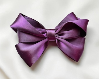 Purple Satin Hair Bow, Large Purple Bow Hair Clip, Girls Hair Accessory, Elegant School Bow, Purple Ribbon Bow, Gift for Her