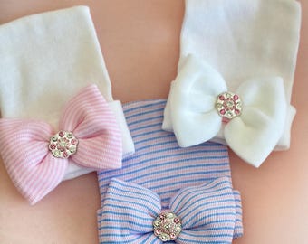 Newborn Hospital Hat Beanie Baby Hat Girl Bow Rhinestone Pink Blue White