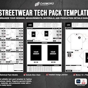 May include: A black and white graphic showing a streetwear tech pack template. The template includes sections for design, measurements, and production details. The text includes "Streetwear Tech Pack Template" and "Organise your designs, measurements, materials, and production details easily."