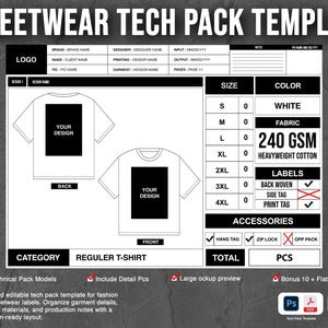 Puede incluir: Una plantilla de ficha técnica de streetwear con un diseño en blanco y negro para una camiseta regular. El documento incluye secciones para nombre de marca, diseñador, detalles de prenda, tallas, tejido de 240 GSM y opciones de etiquetas.