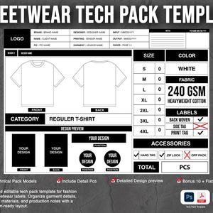 Modello professionale per la scheda tecnica di una t-shirt, con tabella delle taglie, posizionamento della grafica e specifiche per l'etichetta.
