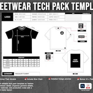 Può includere: Un modello di scheda tecnica streetwear per t-shirt con silhouette nera, una tabella delle taglie con misure in centimetri e aree designate per loghi, etichette sul collo, etichette sulle maniche e posizionamento di grafiche fronte e retro.