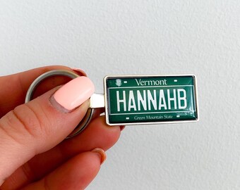 Custom Vermont license plate keychain, personalised keyring