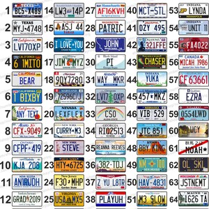 May include: A grid of 65 colorful license plates with various state names and slogans. The plates are arranged in rows and columns, with each plate featuring a unique design and text. The plates are a mix of different colors, including blue, red, green, yellow, and white.