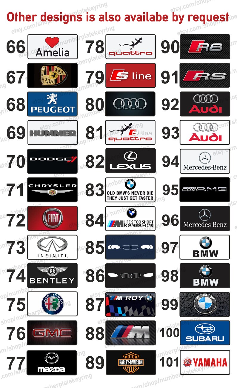 May include: A collection of 101 different car logos, including popular brands like Audi, BMW, Mercedes-Benz, and Subaru. The logos are displayed on a white background with black borders and numbers.