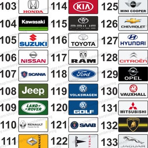 May include: A grid of 134 car logos, each with a number next to it. The logos are arranged in rows of three, with the numbers increasing from left to right. The logos are all in color and are on a white background.