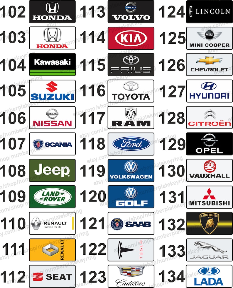 May include: A grid of 134 car logos, each with a number next to it. The logos are arranged in rows of three, with the numbers increasing from left to right. The logos are all in color and are on a white background.