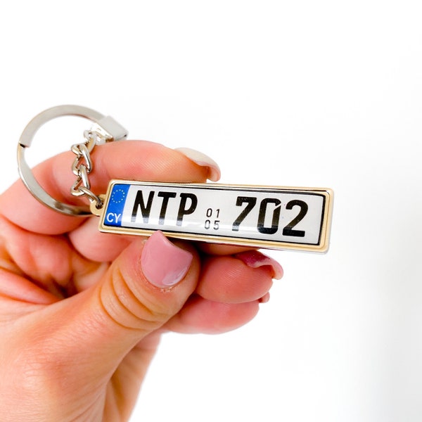 personalised Cyprus number plate keyring, double sided keychain, design to choose