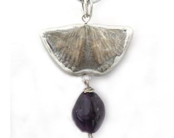 Sea Shell Fossil Pendant with Amethyst Gem Bead Real Fossil Nature Jewelry